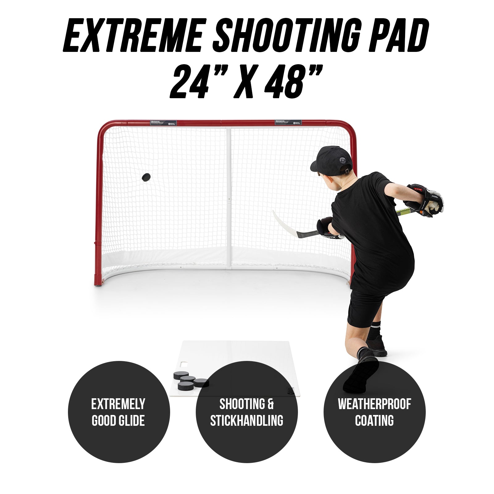 Hockey player loading a shot in stride off a shooting pad in a backyard