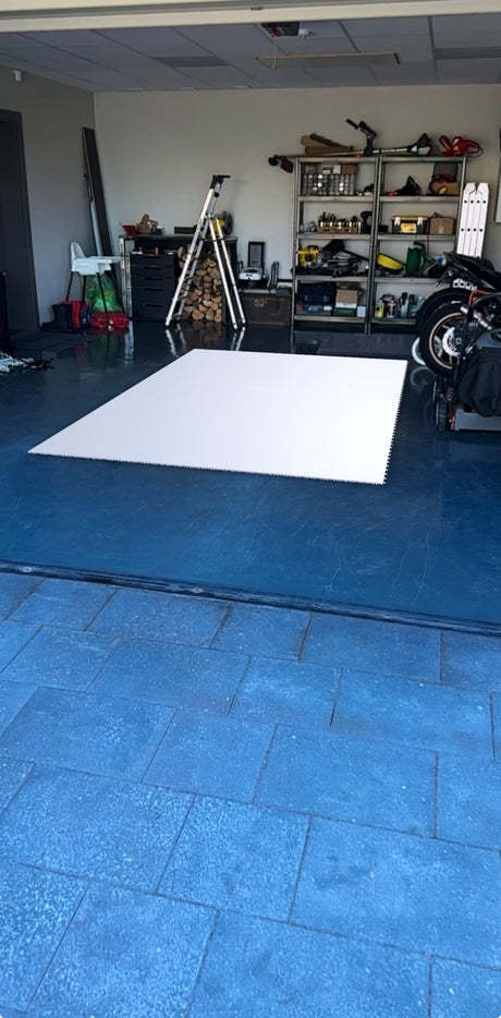 Better Hockey flooring tiles viewed in augmented reality on a real garage floor