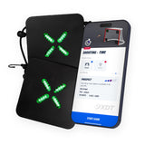 Black device with green lights and a smartphone displaying an app interface on a white background